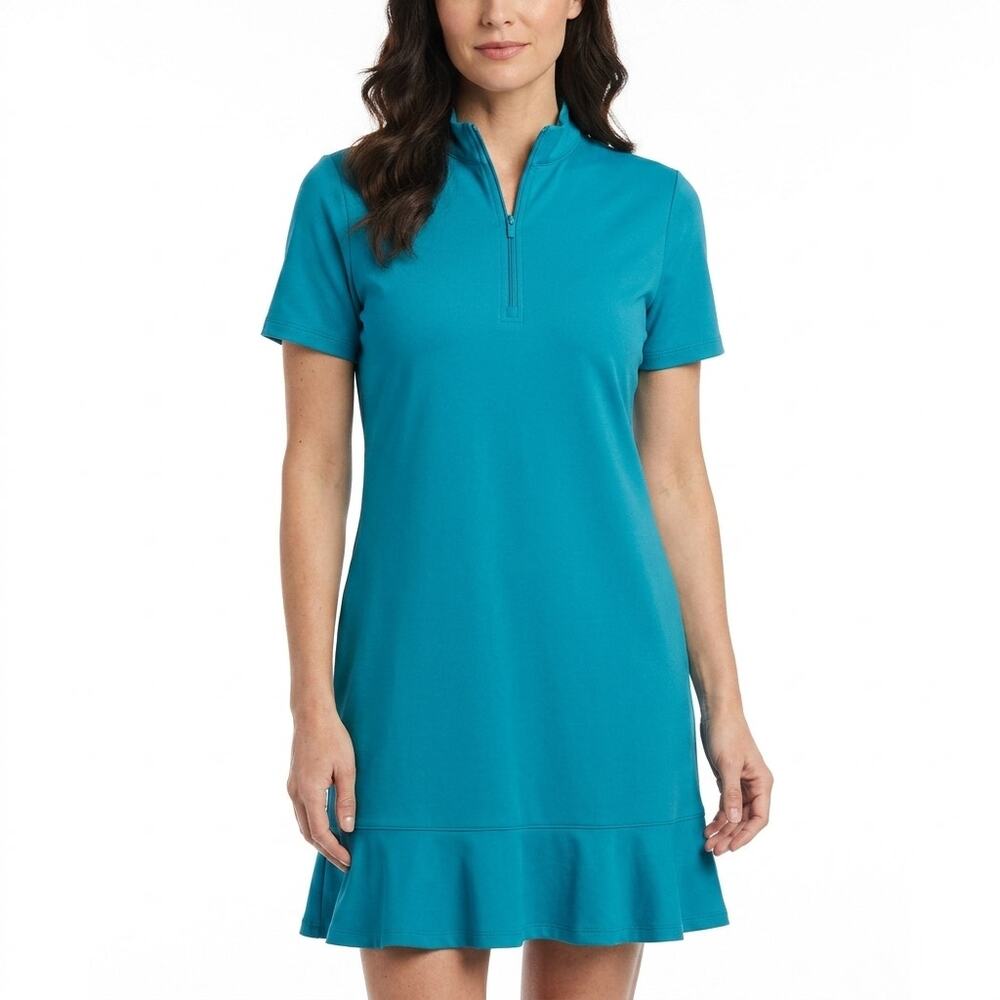 Tommy Bahama GOLF Teal Shift Short Knit Ruffle Dress Women Size L